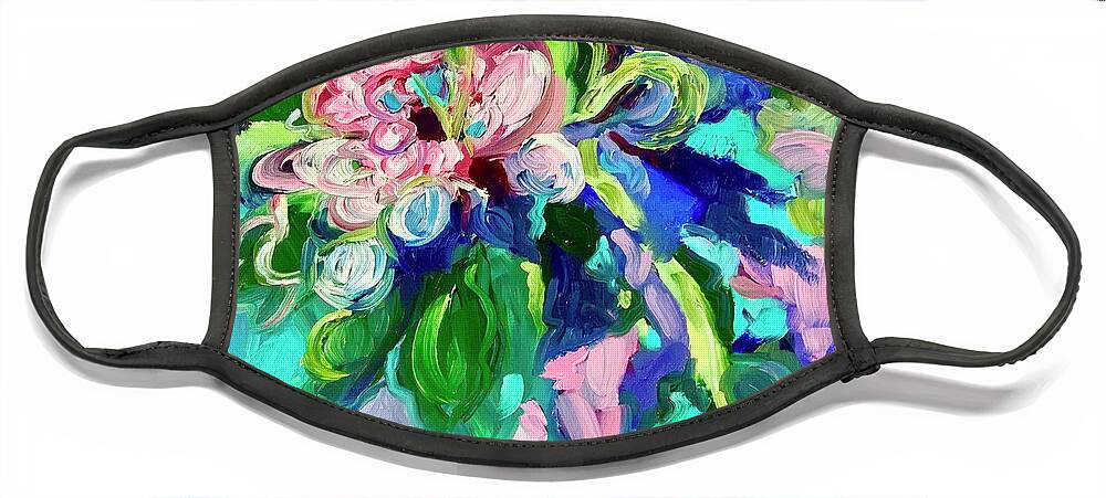 Abstract Floral Pink Blue Flowers Aqua Face Mask featuring the painting First Bloom by Patsy Walton