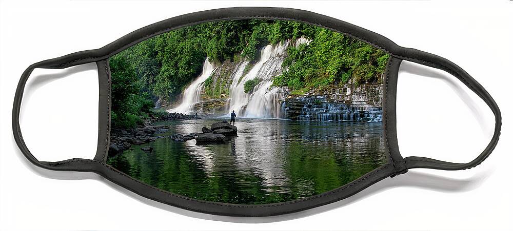 Rock Island State Park. Twin Falls Face Mask featuring the photograph Fishing At Twin Falls by Phil Perkins