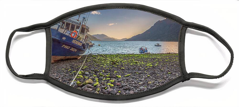 Chile Face Mask featuring the photograph Fishing boat moored in the Hornopiren fjord at golden hour by Henri Leduc
