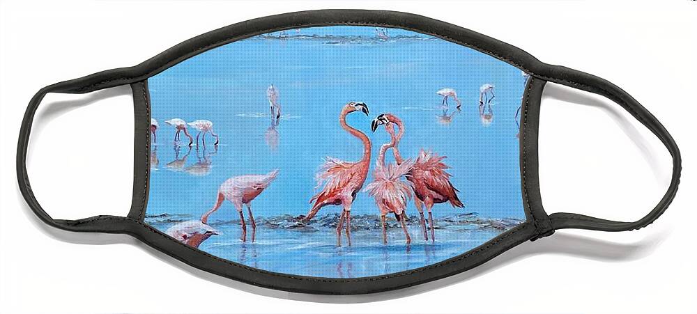 Flamingos Face Mask featuring the painting Flamingo Sushi Bar by Judy Rixom