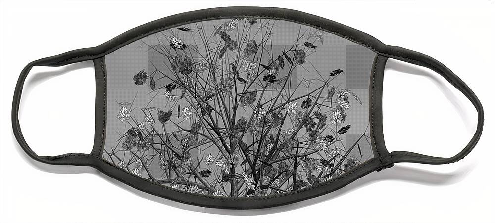 Autumn Face Mask featuring the mixed media Flowers Beneath The Autumn Tree Black and White by David Dehner