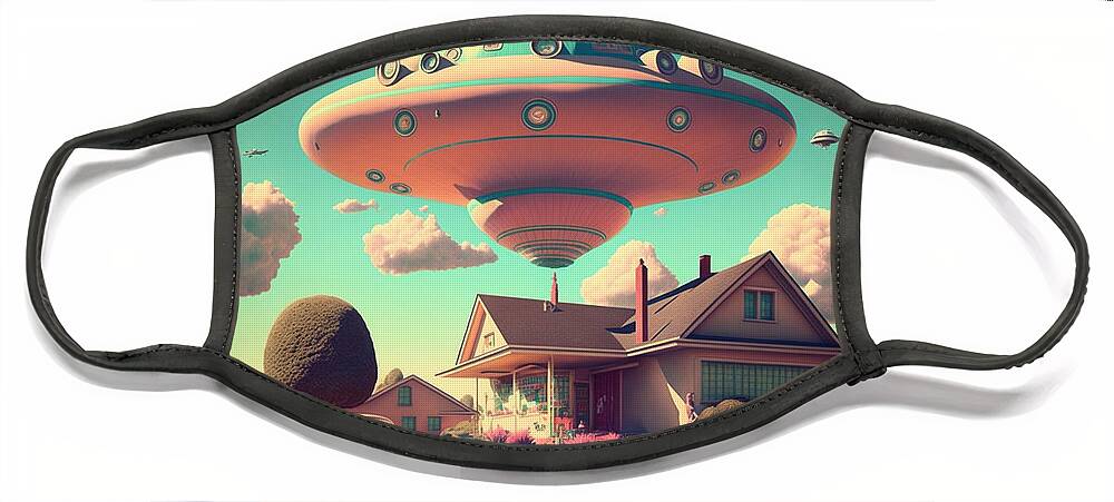 Flying Face Mask featuring the mixed media Flying Saucer Frenzy I by Jay Schankman
