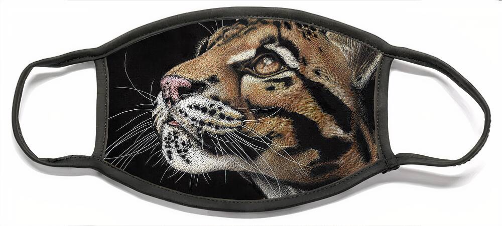 Clouded Leopard Face Mask featuring the drawing Focus by Sheryl Unwin