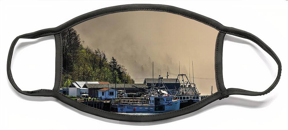 Sandy Cove Nova Scotia Fog Mist Boats Sea Fundy Bay Bay Of Fundy St Mary’s Bay Hills In Mist Face Mask featuring the photograph Fog Bay by David Matthews