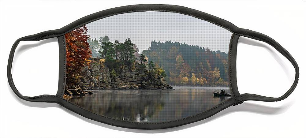 Austria Face Mask featuring the photograph Foggy Landscape With Fishermans Boat On Calm Lake And Autumnal Forest At Lake Ottenstein In Austria by Andreas Berthold