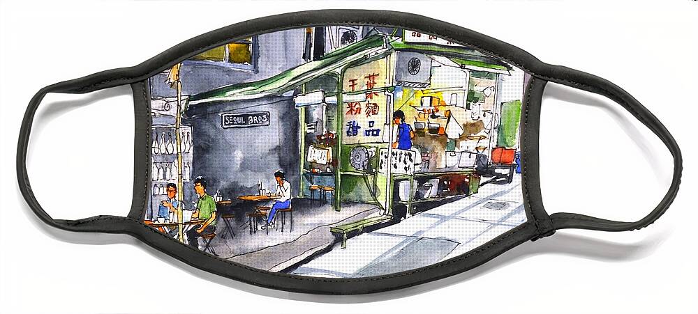 Hong Kong Face Mask featuring the painting Food stall on Hong Kong street by Betty M M Wong