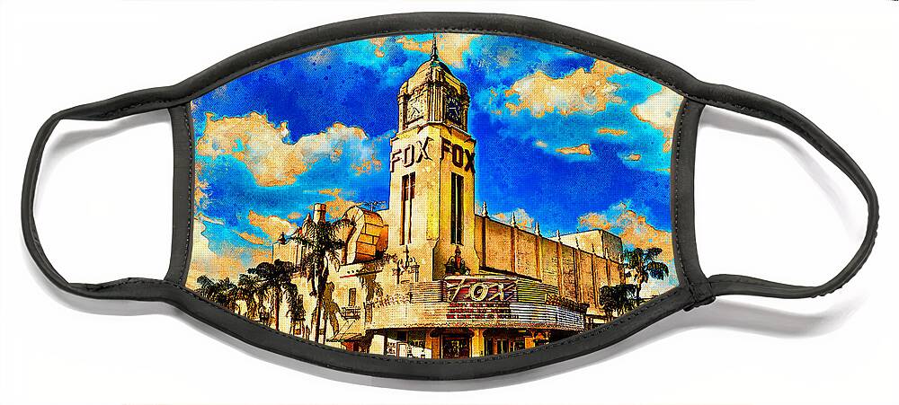 Fox Theater Face Mask featuring the digital art Fox Theater in Bakersfield, California - digital painting by Nicko Prints