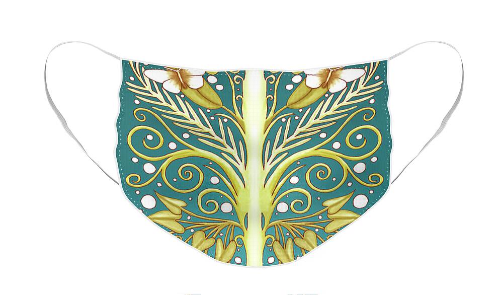 Gold Leaves Face Mask featuring the tapestry - textile French Inspired Design in Turquoise and Gold by Lise Winne