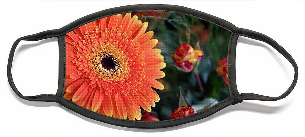 Daisies Face Mask featuring the photograph Fresh beautiful orange daisy flower blossom. Blooming flower by Michalakis Ppalis
