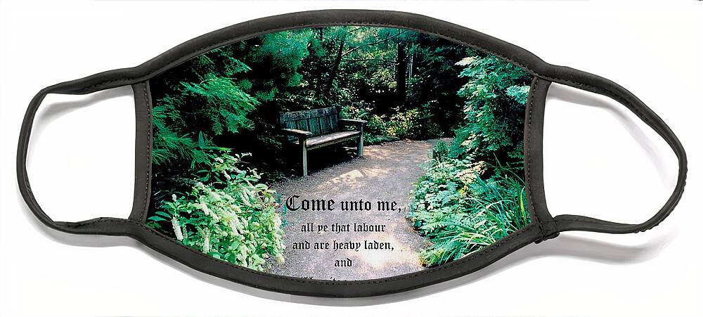 Bench Face Mask featuring the photograph Garden Hideaway Matthew 11vs28 by Mike McBrayer