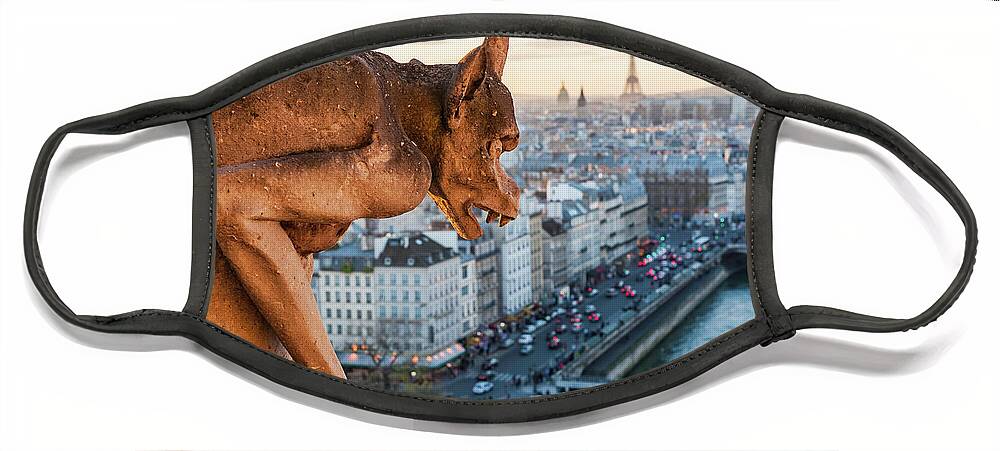 Paris Face Mask featuring the photograph Gargoyle watching paris at sunset by Philippe Lejeanvre