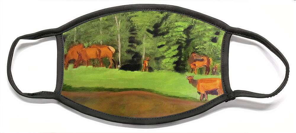 Elks Face Mask featuring the painting Gathering of Elks by Linda Feinberg