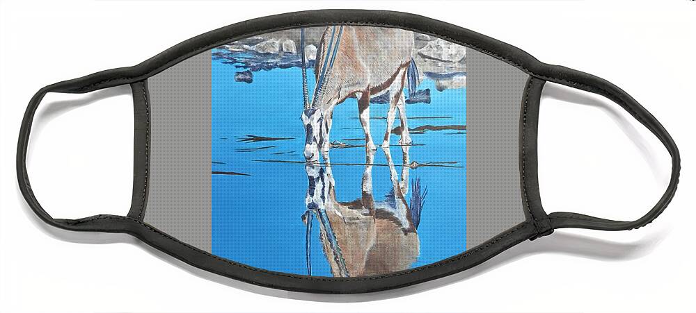 Gemsbok Face Mask featuring the painting Gemsbok at the Water Hole by John Neeve