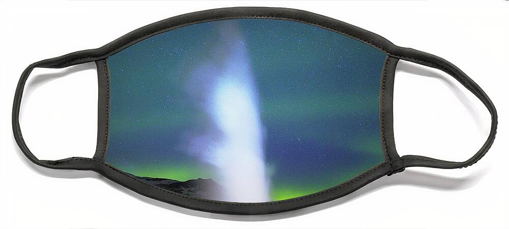 Iceland Face Mask featuring the photograph Geyser and aurora by Christopher Mathews