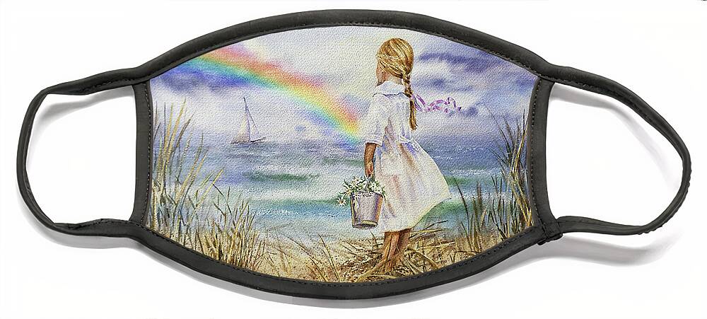 Girl And Ocean Face Mask featuring the painting Girl At The Ocean Shore Watching The Rainbow And Boat Watercolor Seascape by Irina Sztukowski