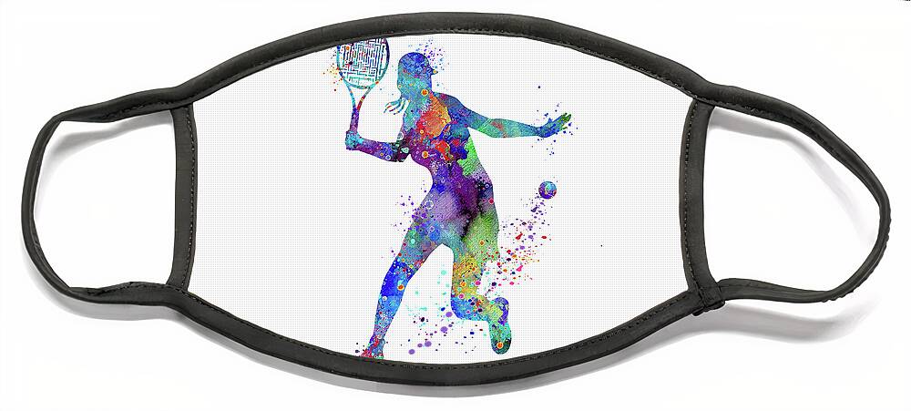 Tennis Face Mask featuring the digital art Girl Tennis Forehand Watercolor Sport Silhouette by White Lotus