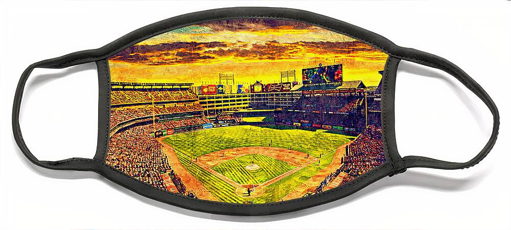 Globe Life Park Face Mask featuring the digital art Globe Life Park in Arlington, Texas, at sunset - digital painting by Nicko Prints