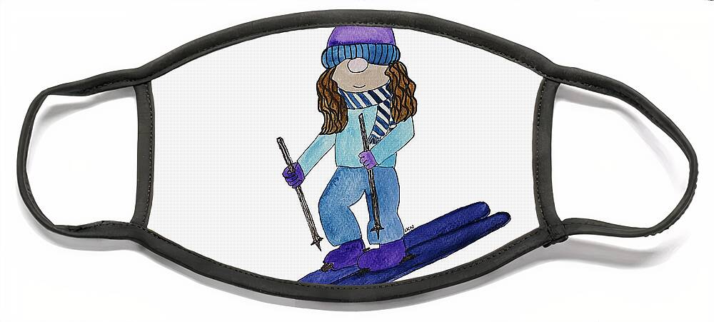 Gnome Girl Face Mask featuring the mixed media Gnome Girl Skier by Lisa Neuman