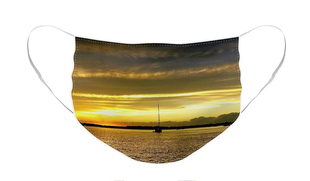 Sss211c Face Mask featuring the photograph Gold coloured Cirrostratus cloudy coastal Sunset Seascape. Queen by Geoff Childs