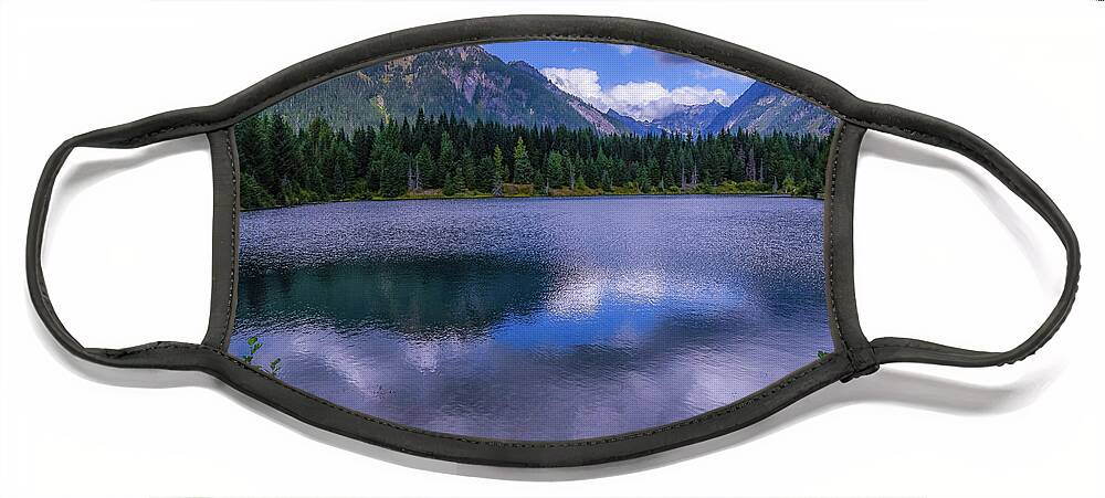 Gold Creek Pond; Cascade Mountains; Pond; Pine Trees; Landscape; Nature; Mount Baker Snoqualmie National Forest Face Mask featuring the photograph Gold Creek Pond Serenity by Emerita Wheeling