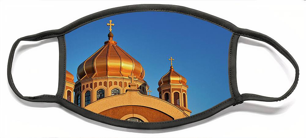 Church Face Mask featuring the photograph Golden cupolas by Tatiana Travelways
