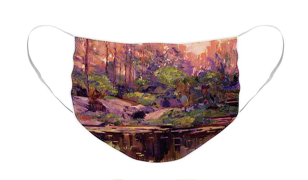 Landscapes Face Mask featuring the painting Golden Hour At The Pond by David Lloyd Glover