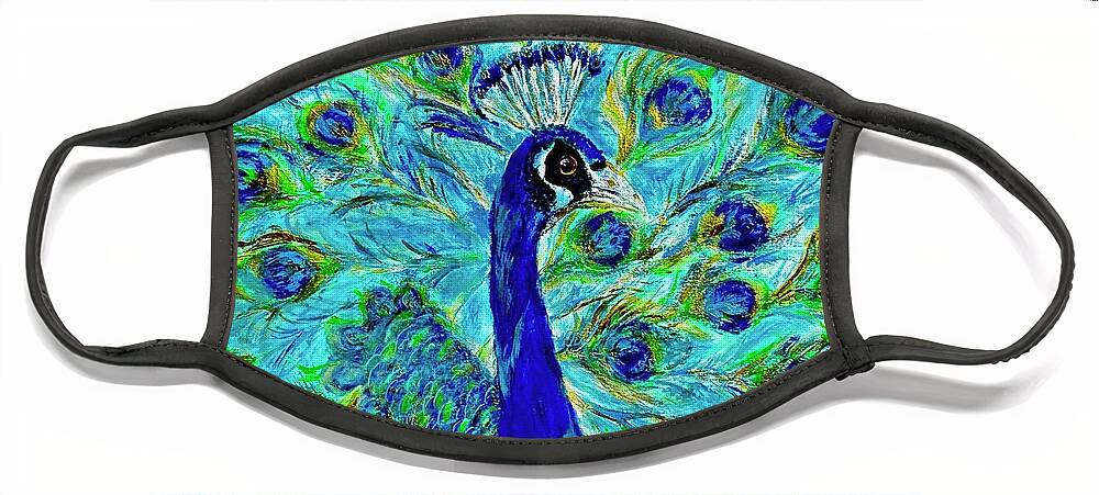 Peacock Face Mask featuring the painting Bird of Gold and Blue Plumage by Melody Fowler