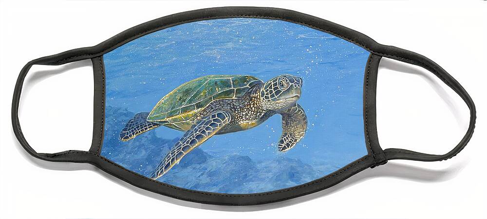 Sea Turtle Face Mask featuring the painting Golden Sea Turtle by David Stribbling