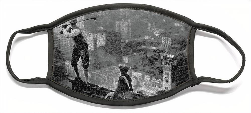 Golf Face Mask featuring the painting Golfer On Girder Over New York Drawing by Tony Rubino