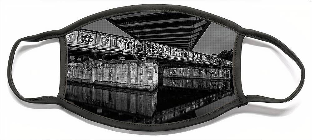 Boston Face Mask featuring the photograph Graffiti Under the BU Bridge Boston MA Charles River Reflection Black and White by Toby McGuire