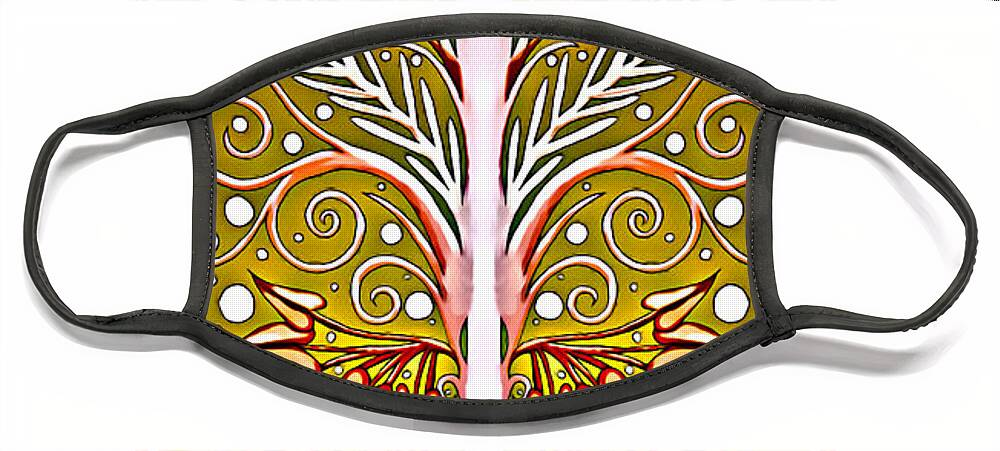 Espalier Face Mask featuring the tapestry - textile Grafted Espalier Plant in Gold, White, Red and Pink by Lise Winne