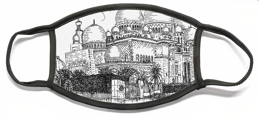 Grand Mosque Abu Dhabi Face Mask featuring the drawing Grand Mosque Abu Dhabi by Remy Francis