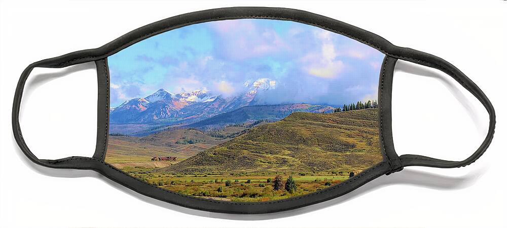 Grand Tetons Face Mask featuring the photograph Grand Tetons in the clouds 1a by Cathy Anderson