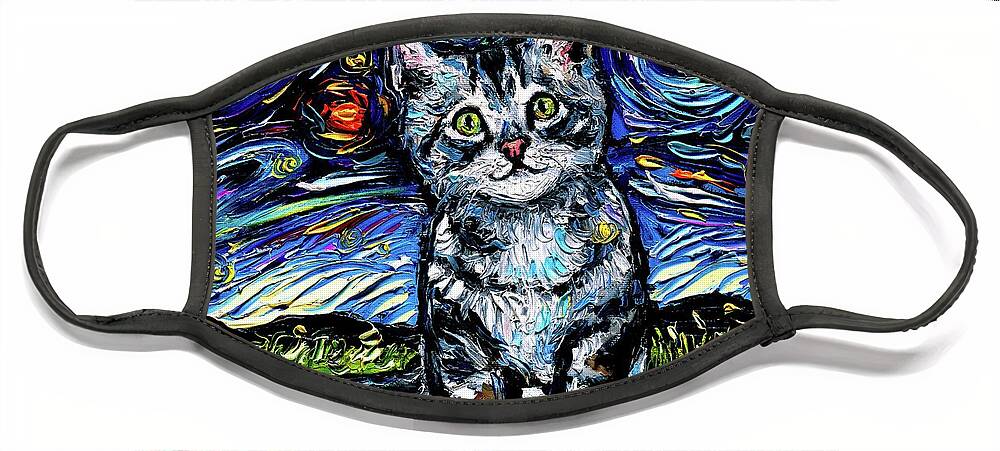 Gray Tabby Kitten Face Mask featuring the painting Gray Tabby Kitten Night by Aja Trier