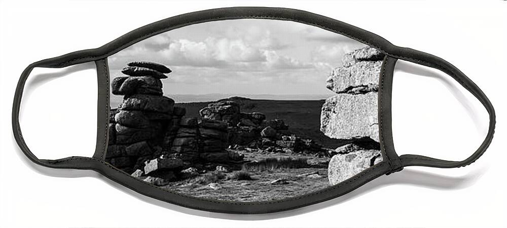 Devon Face Mask featuring the photograph Great Staple Tor Dartmoor National Park England Panorama Black And White by Sonny Ryse