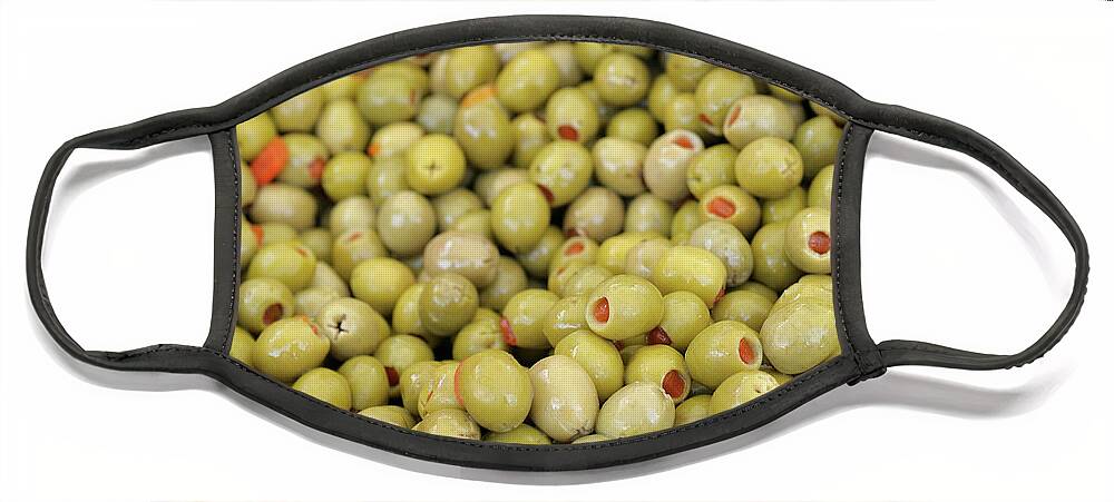 Market Face Mask featuring the photograph Green olives with pimentos been sold in bulk, Lourmarin, France by Kevin Oke