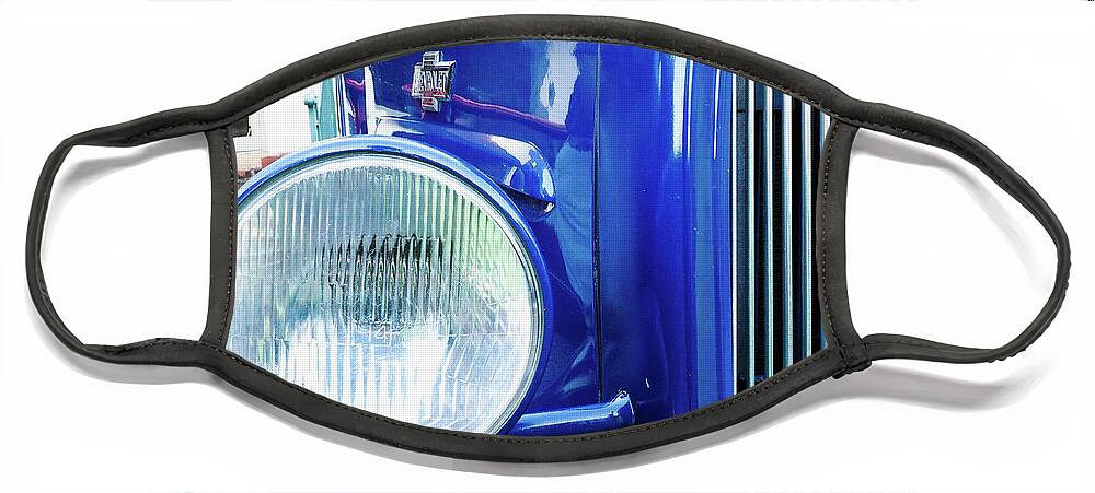 Car Face Mask featuring the photograph Grill and Headlight with a Blue Car Attached by James C Richardson