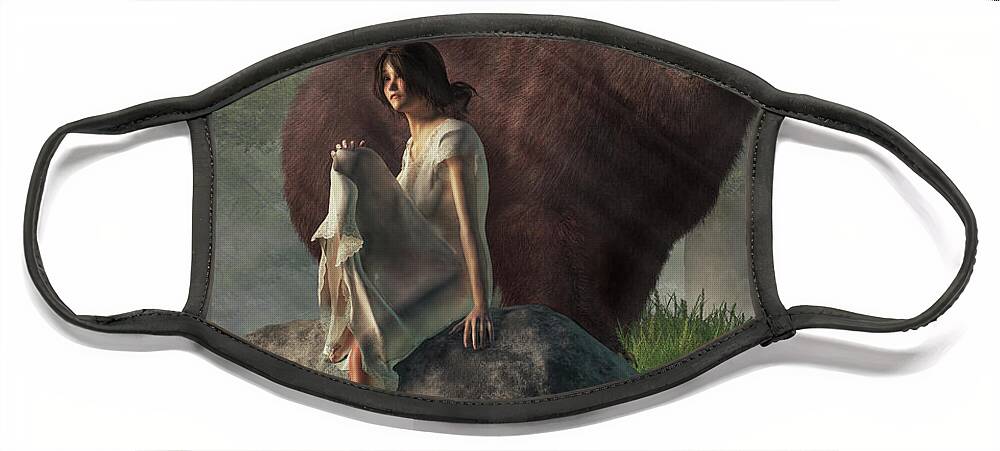 Grizzly Bear Face Mask featuring the digital art Grizzly Bear and Girl in a Nightgown by Daniel Eskridge