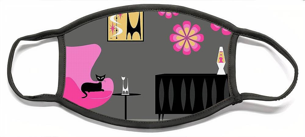 Mid Century Cat Face Mask featuring the digital art Groovy Pink Yellow and Gray Room by Donna Mibus