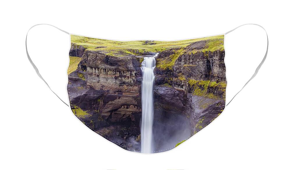 Haifoss Face Mask featuring the photograph Haifoss waterfall, Iceland by Lyl Dil Creations
