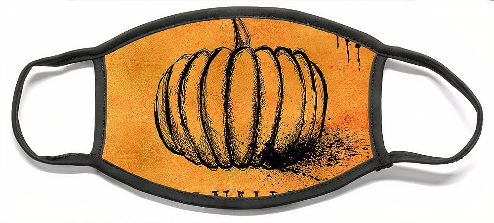 Halloween Face Mask featuring the photograph Halloween pumpkin ink stroke sketch on orange textured backgroun by Jelena Jovanovic