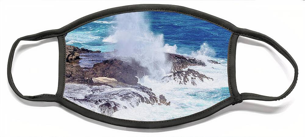 Halona Blowhole Face Mask featuring the photograph Halona Blowhole Huge Geyser by Aloha Art