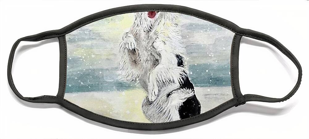 Puppy Art Face Mask featuring the painting Happy Puppy in the Snow by Carmen Lam