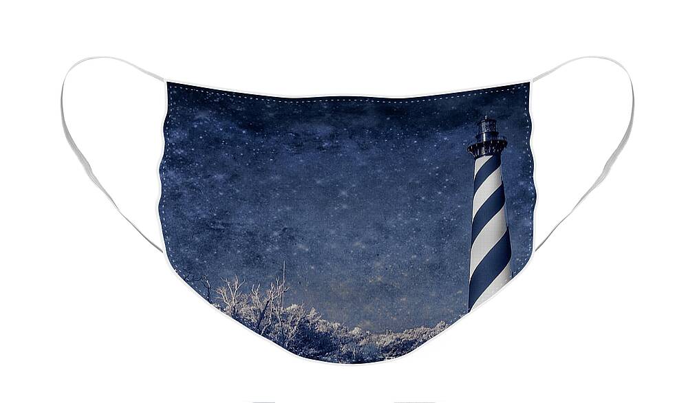 North Carolina Face Mask featuring the digital art Hatteras Lighthouse Under the Stars fx by Dan Carmichael