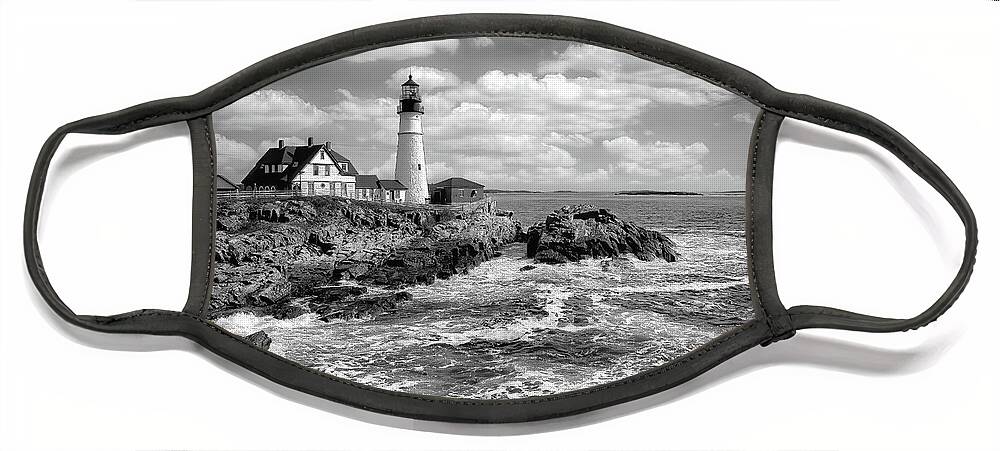 Lighthouses Face Mask featuring the photograph Head Light of Portland in B-W by DB Hayes