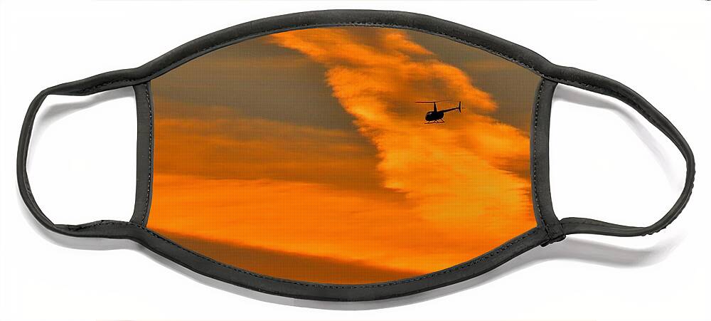 Helicopter Face Mask featuring the photograph Helicopter Approaching at Sunset by Linda Stern