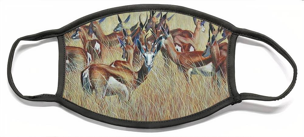 Springbok Face Mask featuring the painting Herd of Springbok by John Neeve