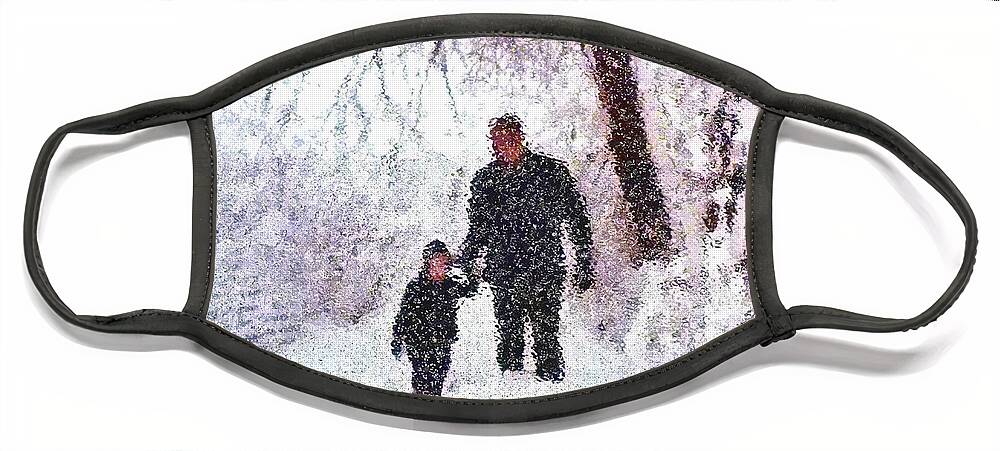 Digital Winter Snow Family Seasons Face Mask featuring the digital art Hiking in the Snow by Bob Shimer