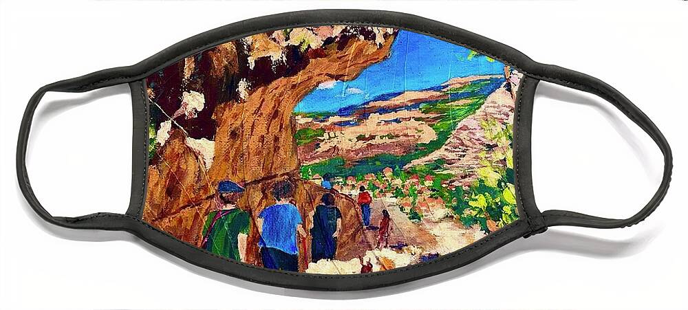 Hiking For A Cause Face Mask featuring the painting Hiking time by Ray Khalife