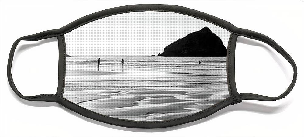 Cornwall Face Mask featuring the photograph Holywell Beach and Gull Rock Cornwall Coast black and white 2 by Sonny Ryse
